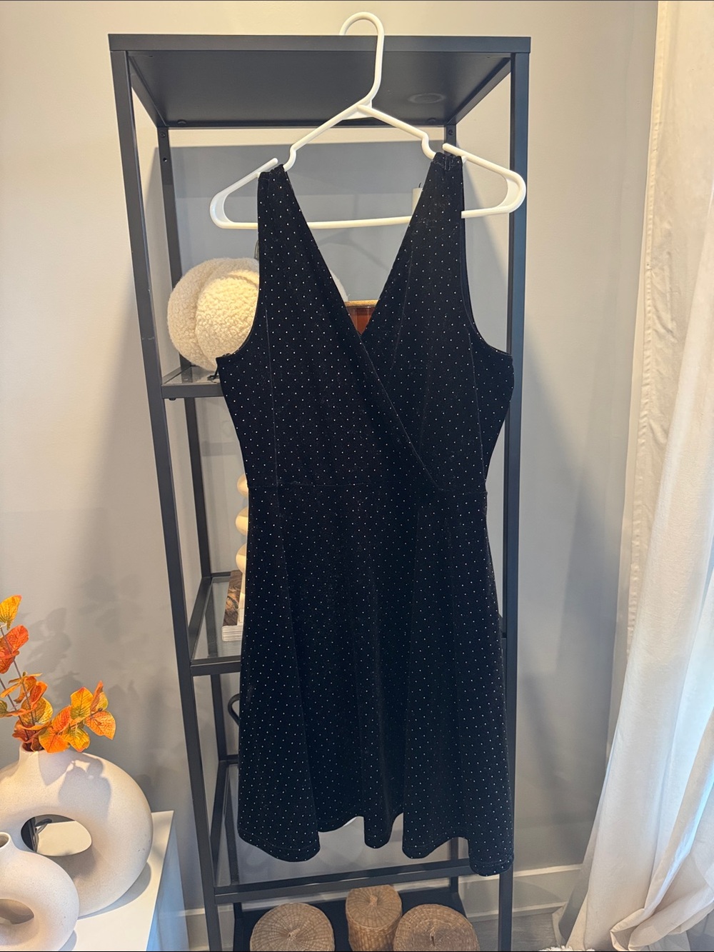 055. Black Sleeveless velvet Polka Dot Wrap Dress